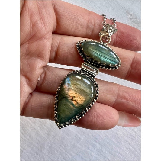 925 OMG WOW! Sunset Flash Double Flash Labradorite Pendant Necklace