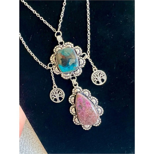 925 OMG AMAZING! Chrysocolla + Rhodonite Tree of Life Necklace