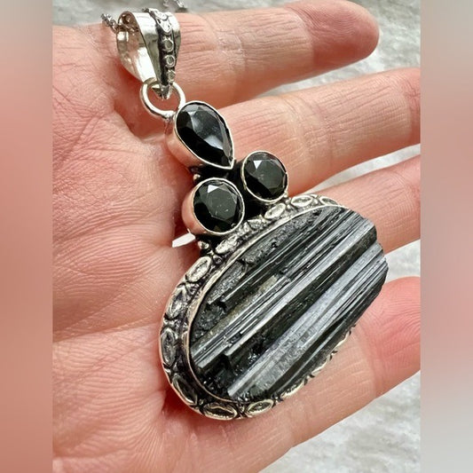 925 EMF Protection Raw Black Tourmaline Pendant Necklace