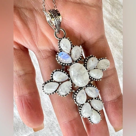 925 GORGEOUS! Rainbow Flash Moonstone Cluster Cross