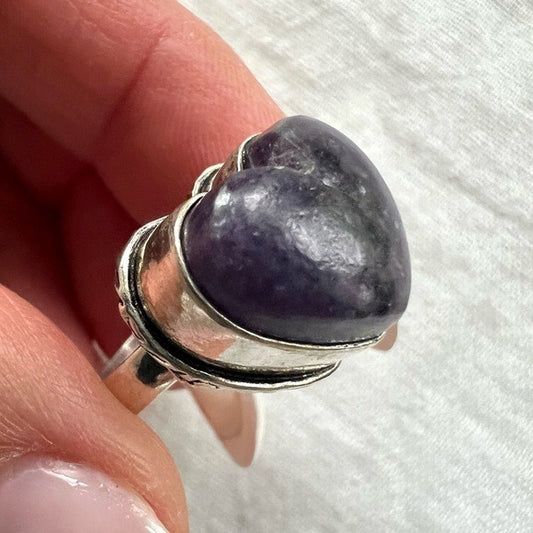 925 Third Eye Lepidolite Heart ❤️ Ring 6.25