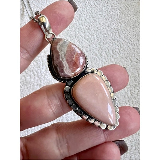 925 Pink Mesa Peruvian Opal + Rhodochrosite Pendant Necklace