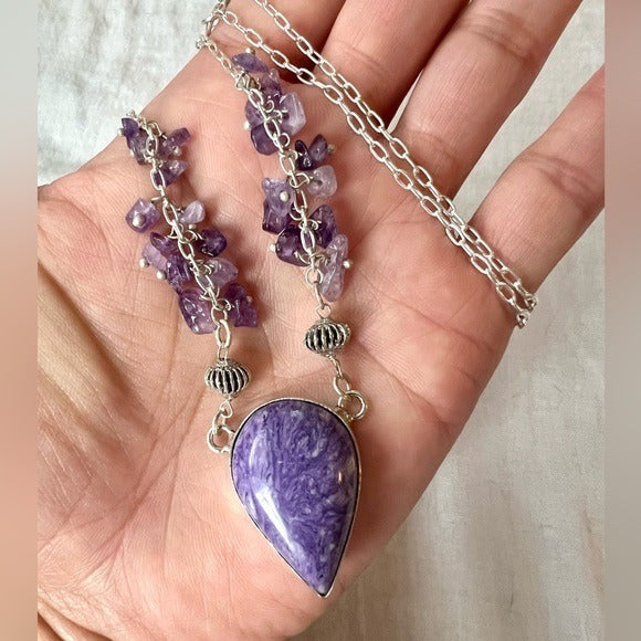 925 Crown Chakra Charoite + Amethyst Necklace
