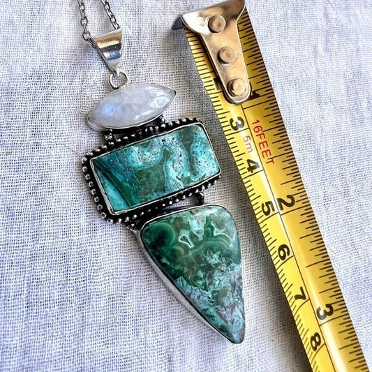 925 OOAK! Flash Moonstone + Malachite Chrysocolla Pendant Necklace