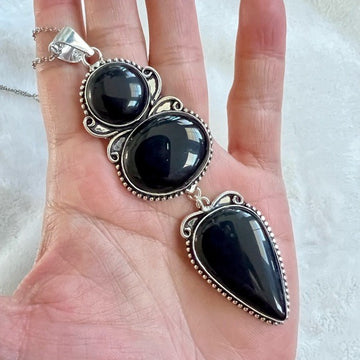 925 MASSIVE! Triple Onyx Protection Pendant Necklace