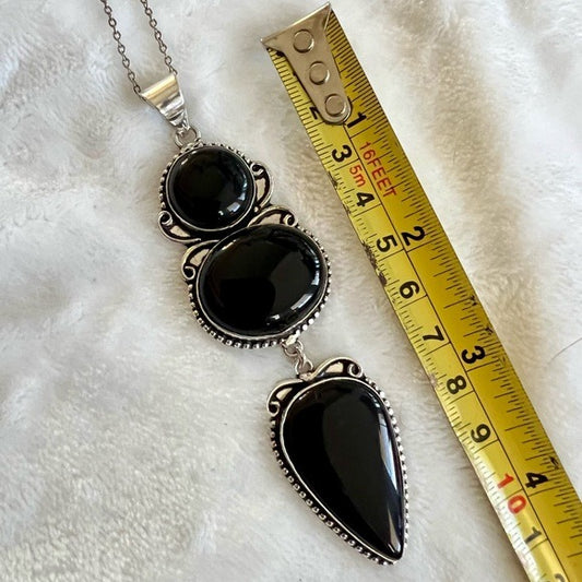 925 MASSIVE! Triple Onyx Protection Pendant Necklace