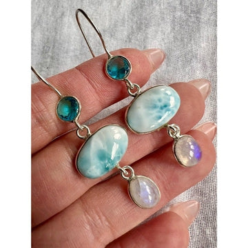 925 WOW! Larimar + Flash Moonstone + Blue Topaz Long Earrings