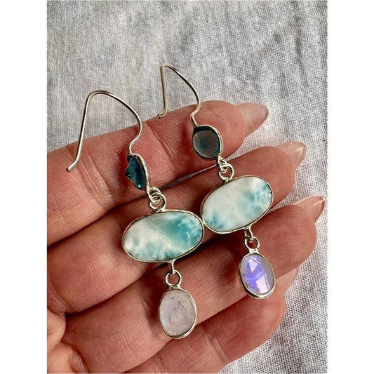 925 WOW! Larimar + Flash Moonstone + Blue Topaz Long Earrings