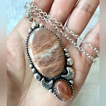 925 OMG OMG Dark Peach Moonstone + Strawberry Quartz Pendant Necklace