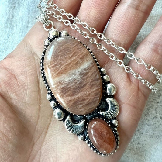 925 OMG OMG Dark Peach Moonstone + Strawberry Quartz Pendant Necklace