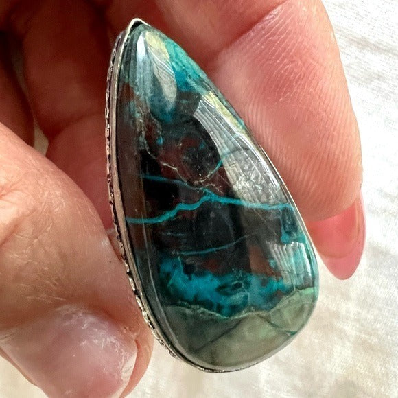 925 Truth Stone Chrysocolla Teardrop Ring 8.25