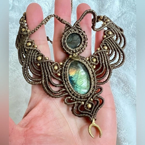 Boho Handwovenn Hemp Flash Labradorite Angel Necklace