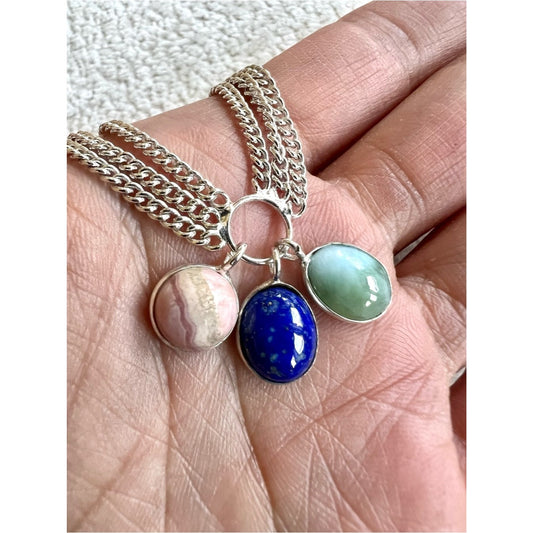 925 Triple Harmony Larimar, LAPIS LAZULI, Rhodocrosite Pendant Necklace
