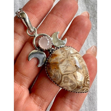 925 Spirit Guides Agatized Fossil Coral Moon Pendant Necklace