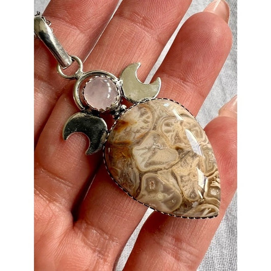 925 Spirit Guides Agatized Fossil Coral Moon Pendant Necklace
