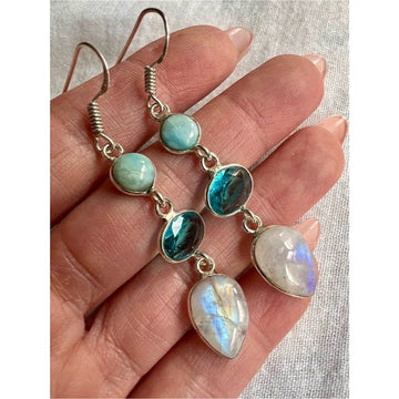 925 WOW WOW! Larimar + Flash Moonstone + Blue Topaz Long Earrings b