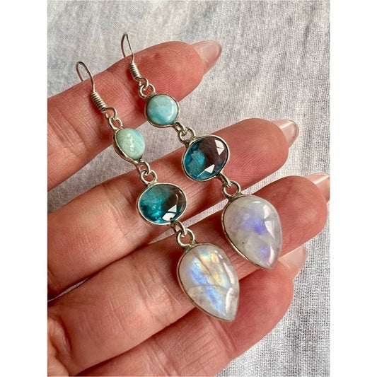 925 WOW WOW! Larimar + Flash Moonstone + Blue Topaz Long Earrings b