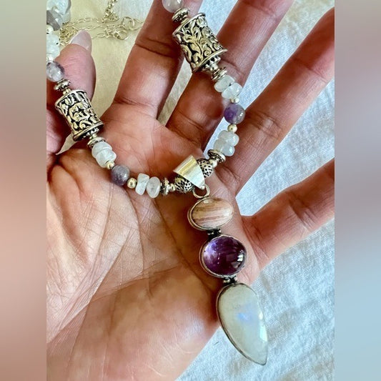 925 OMG OMG GORGEOUS Rainbow Flash Moonstone + Amethyst Beaded Necklace
