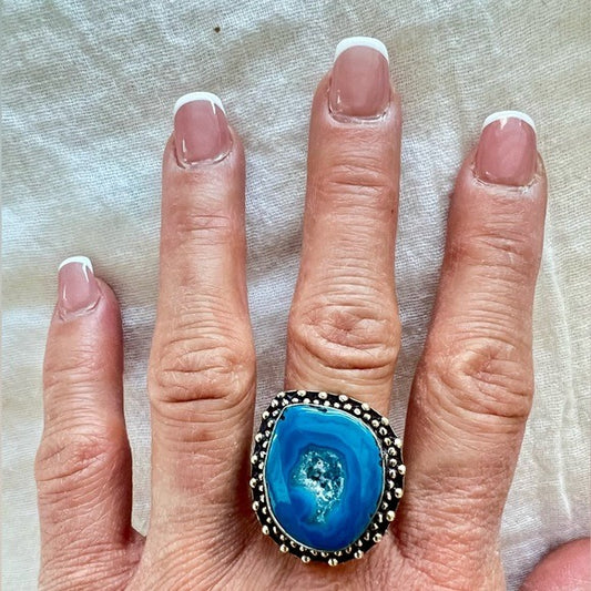 925 Blue Window Agate Ring w/ Micro Quartz Crystals 9.5