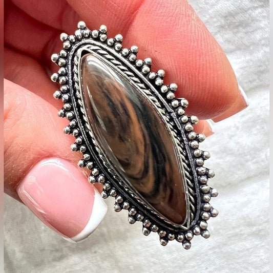 925 Gorgeous! Mahogany Obsidian Marquis Ring 6.5