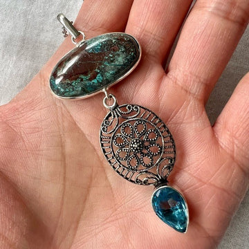 925 Long Cleavage CHRYSOCOLLA + Topaz Pendant Necklace