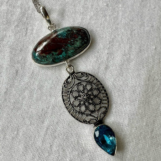 925 Long Cleavage CHRYSOCOLLA + Topaz Pendant Necklace