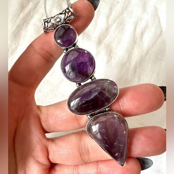 925 WOW!! Gorgeous 4 Stone Lone AMETHYST Pendant Necklace