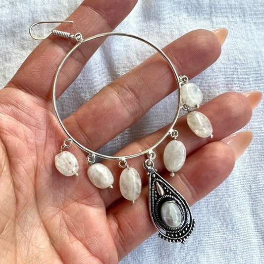 925 OOAK Rainbow Flash Moonstone BOHEMIAN HOOP Earrings!