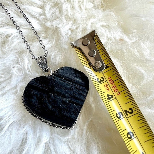 925 RAW BLACK TOURMALINE ❤️ Heart Pendant Necklace