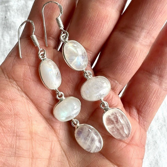 925 Delicate Rainbow Flash Moonstone Dangly Earrings