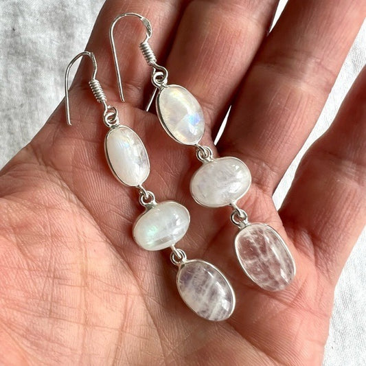 925 Delicate Rainbow Flash Moonstone Dangly Earrings