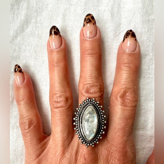 925 OMG WOW! Super Gorg! Rainbow FLASH Moonstone Ring 7.25