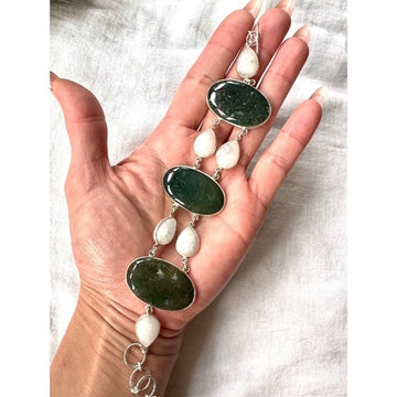 925 Earth Stone MOSS AGATE + Rainbow Moonstone Bracelet 7”-8.5”