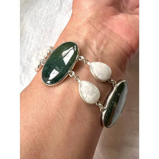 925 Earth Stone MOSS AGATE + Rainbow Moonstone Bracelet 7”-8.5”