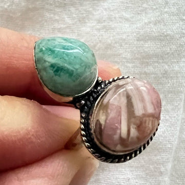 925 Peace + Love Amazonite + Rhodochrosite Ring 6.25