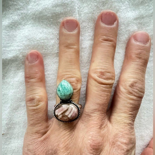 925 Peace + Love Amazonite + Rhodochrosite Ring 6.25