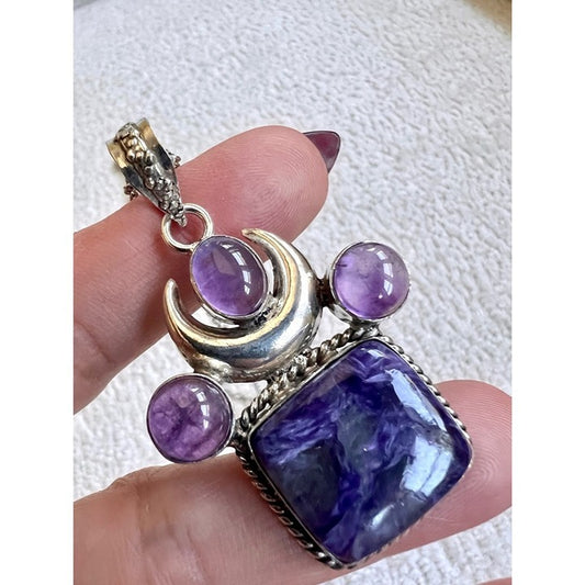 925 Divine Alignment CHAROITE + AMETHYST Lunar Moon Pendant Necklace
