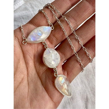 925 Heaven + Earth Flash Rainbow Moonstone Long Pendant Necklace