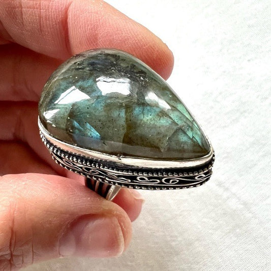 925 Alchemy DARK LABRADORITE Flash Teardrop Ring 9
