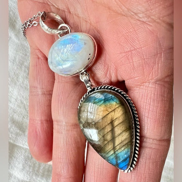 925 Rainbow Flash Moonstone + Flashy Labradorite! Necklace Pendant