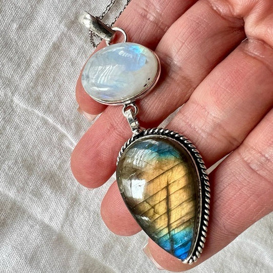 925 Rainbow Flash Moonstone + Flashy Labradorite! Necklace Pendant