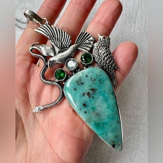 925 Massive! Divine Feminine Chrysocolla Snake Serpent Pendant Necklace