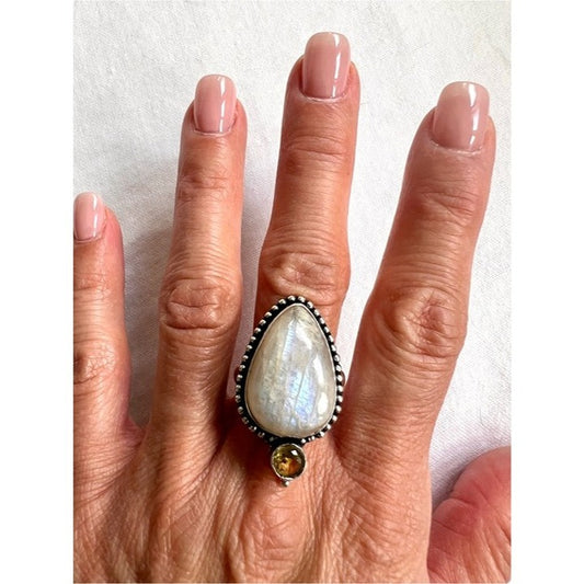 925 Peach Moonstone w/ Iridescent Flash! RIng 9
