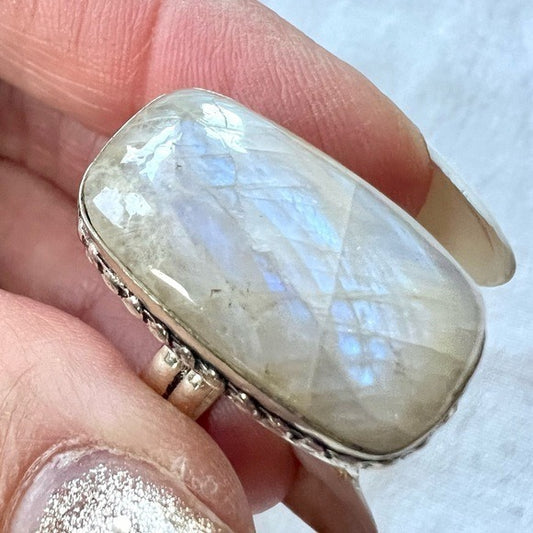 925 Blue Flash PEACH MOONSTONE Ring 7.5