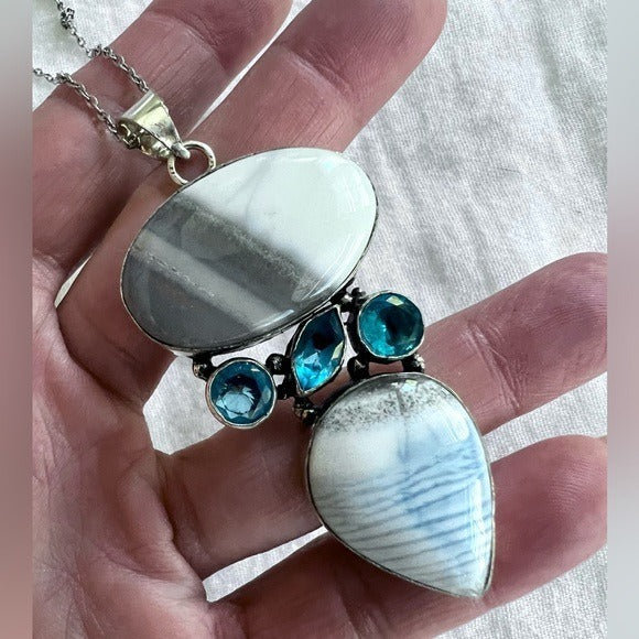 925 Owyhee Opal + Swiss Blue Topaz Necklace Pendant