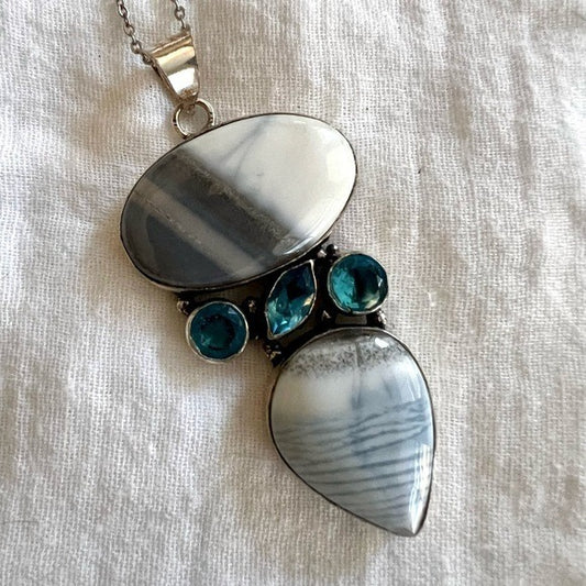 925 Owyhee Opal + Swiss Blue Topaz Necklace Pendant