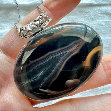 925 Black Banded Onyx Chalcedony Pendant Necklace