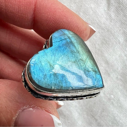 925 OMG GORGEOUS Flash Labradorite Heart ❤️ Ring 8 1/4