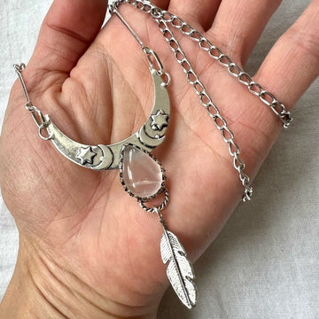 925 LOVE Rose Quartz Boho Feather + Moon Necklace Pendant