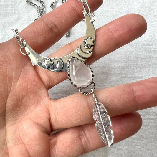 925 LOVE Rose Quartz Boho Feather + Moon Necklace Pendant